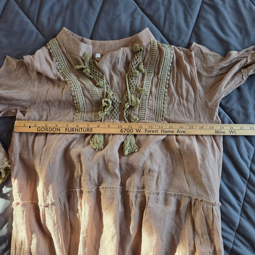 ELFINDEA khaki boho mini dress lace trim, tassels, cold shoulder Large - Picture 8 of 10
